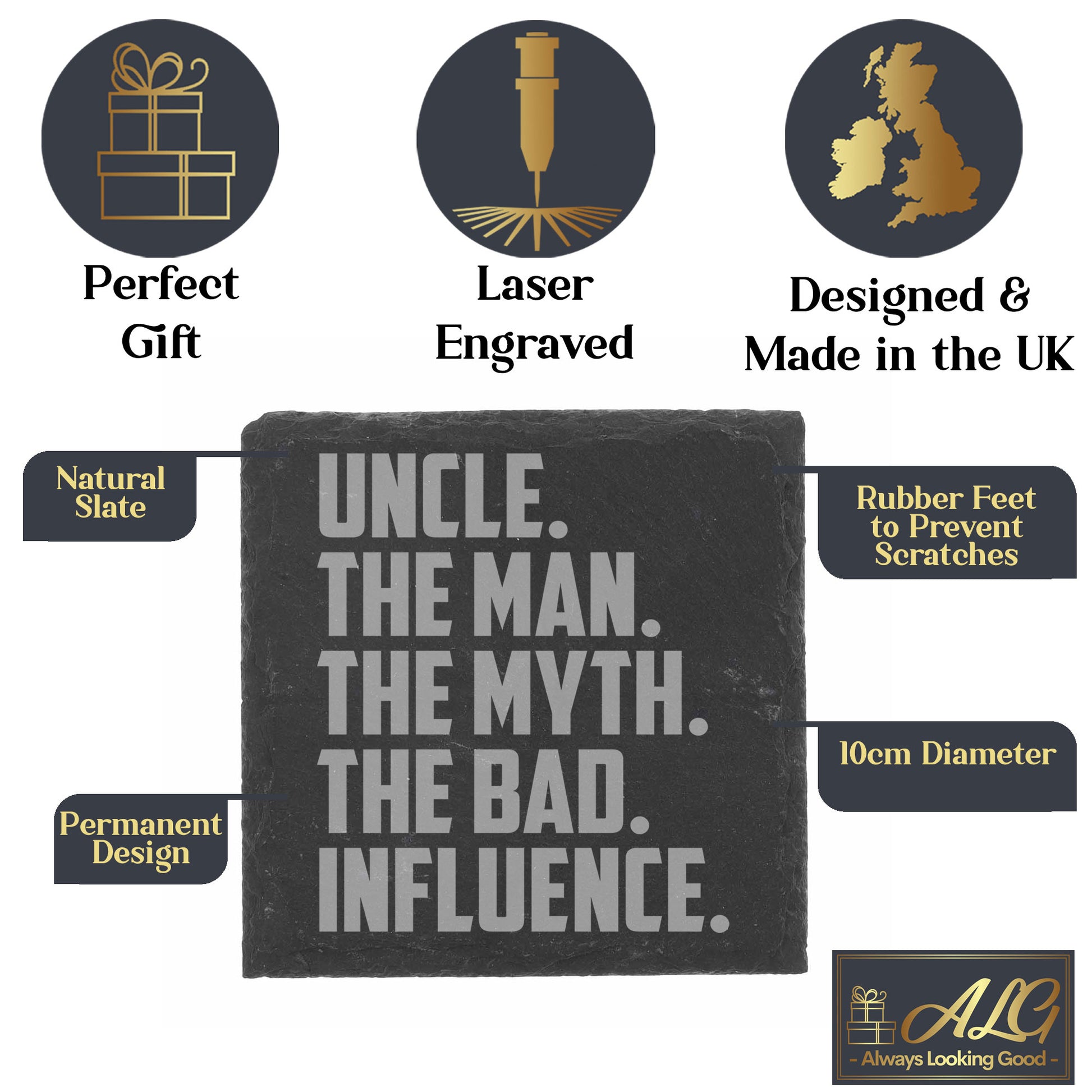 Uncle, The Man, The Myth, The Bad Influence Engraved Whisky Glass and/or Coaster Set  - Always Looking Good -   