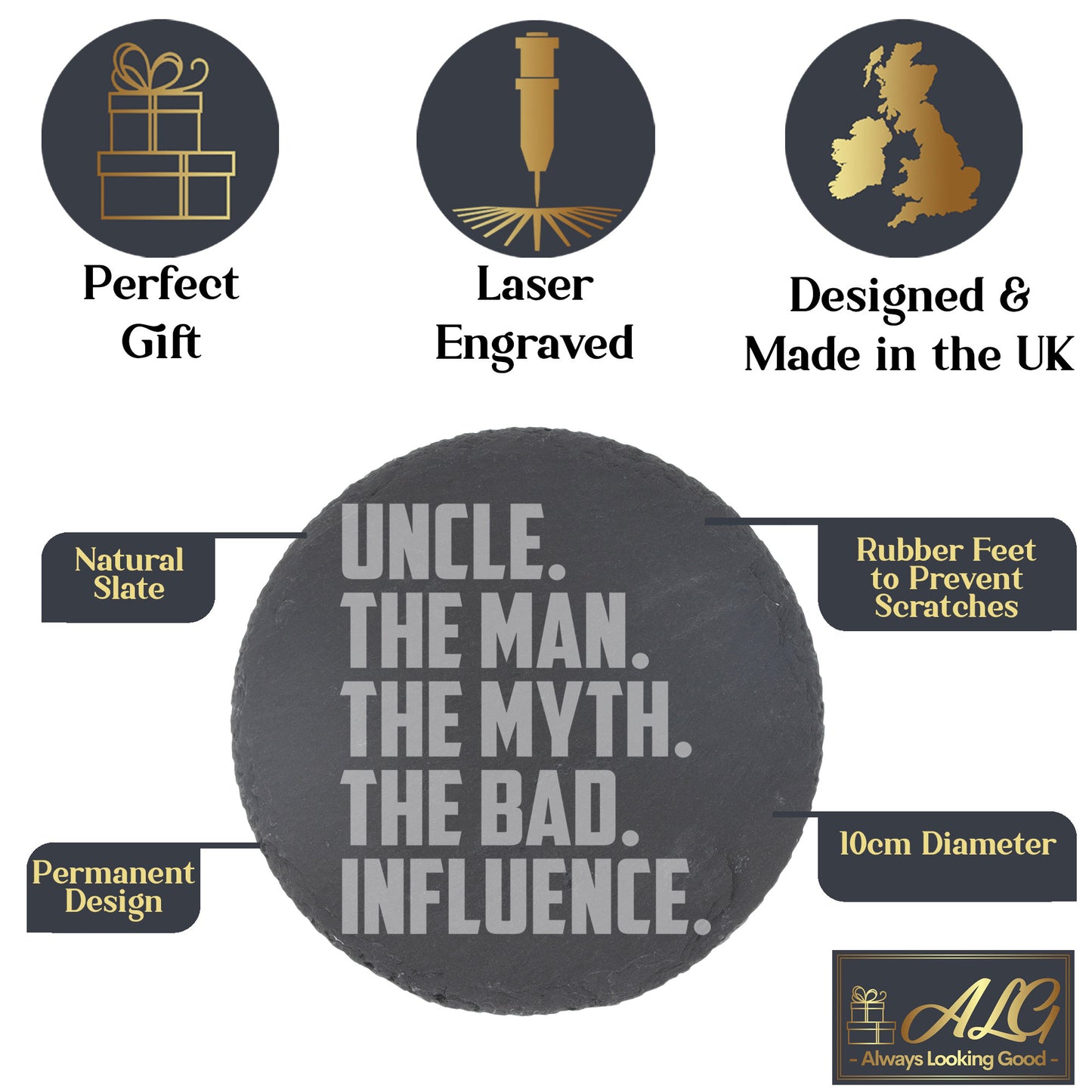 Uncle, The Man, The Myth, The Bad Influence Engraved Whisky Glass and/or Coaster Set  - Always Looking Good -   