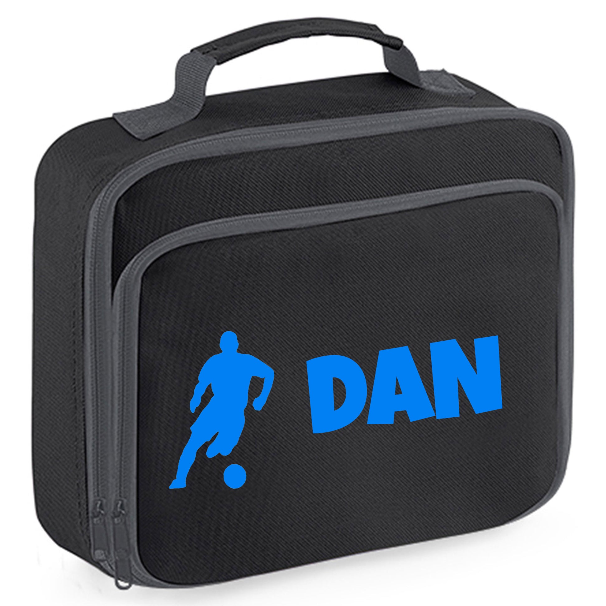 Personalised Lunch Bag with Football Design Childs School Lunch Box  - Always Looking Good - Black Male Player 