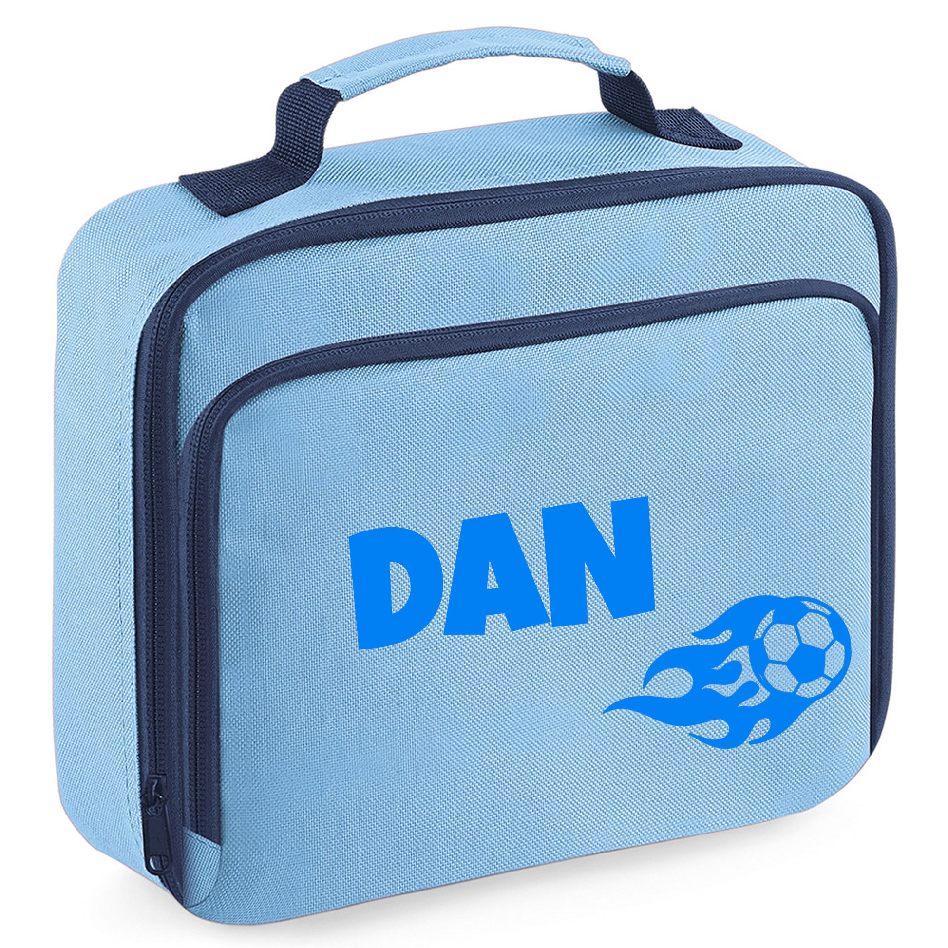 Personalised Lunch Bag with Football Design Childs School Lunch Box  - Always Looking Good - Blue Flaming Ball 