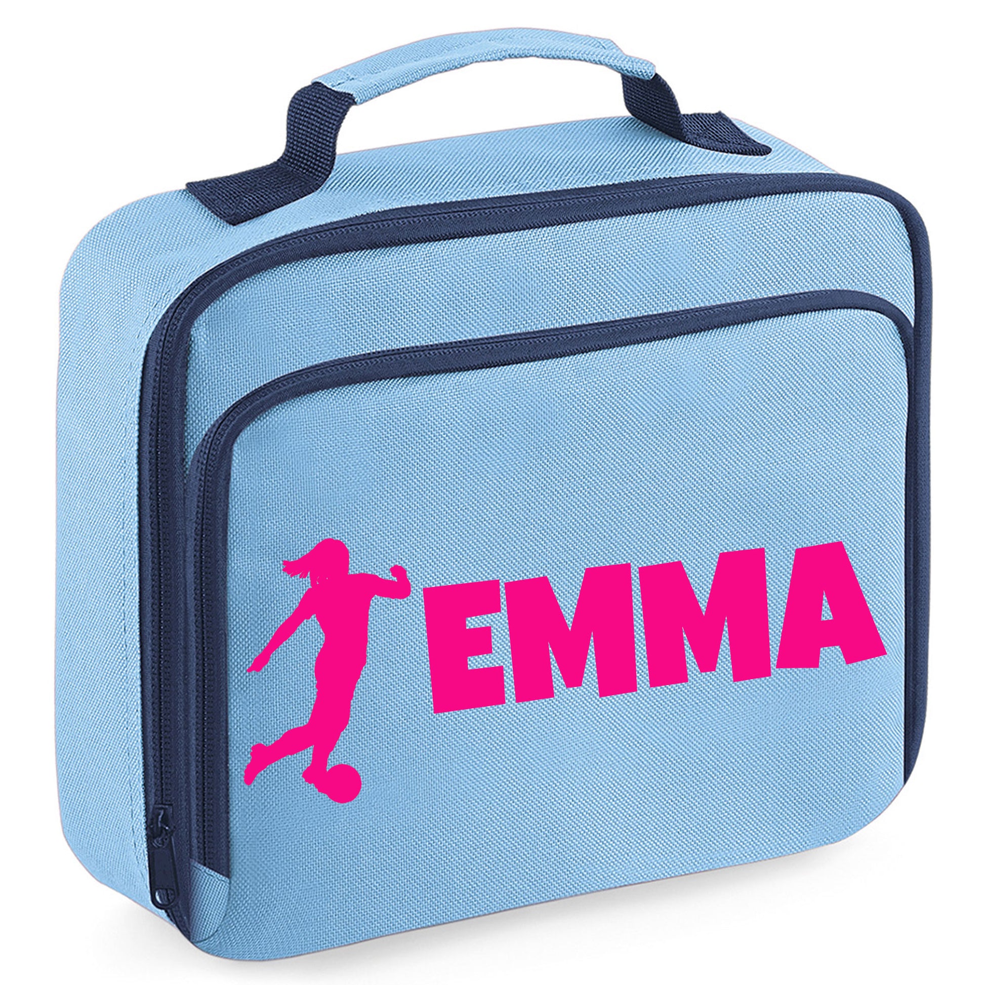 Personalised Lunch Bag with Football Design Childs School Lunch Box  - Always Looking Good - Blue Female Player 