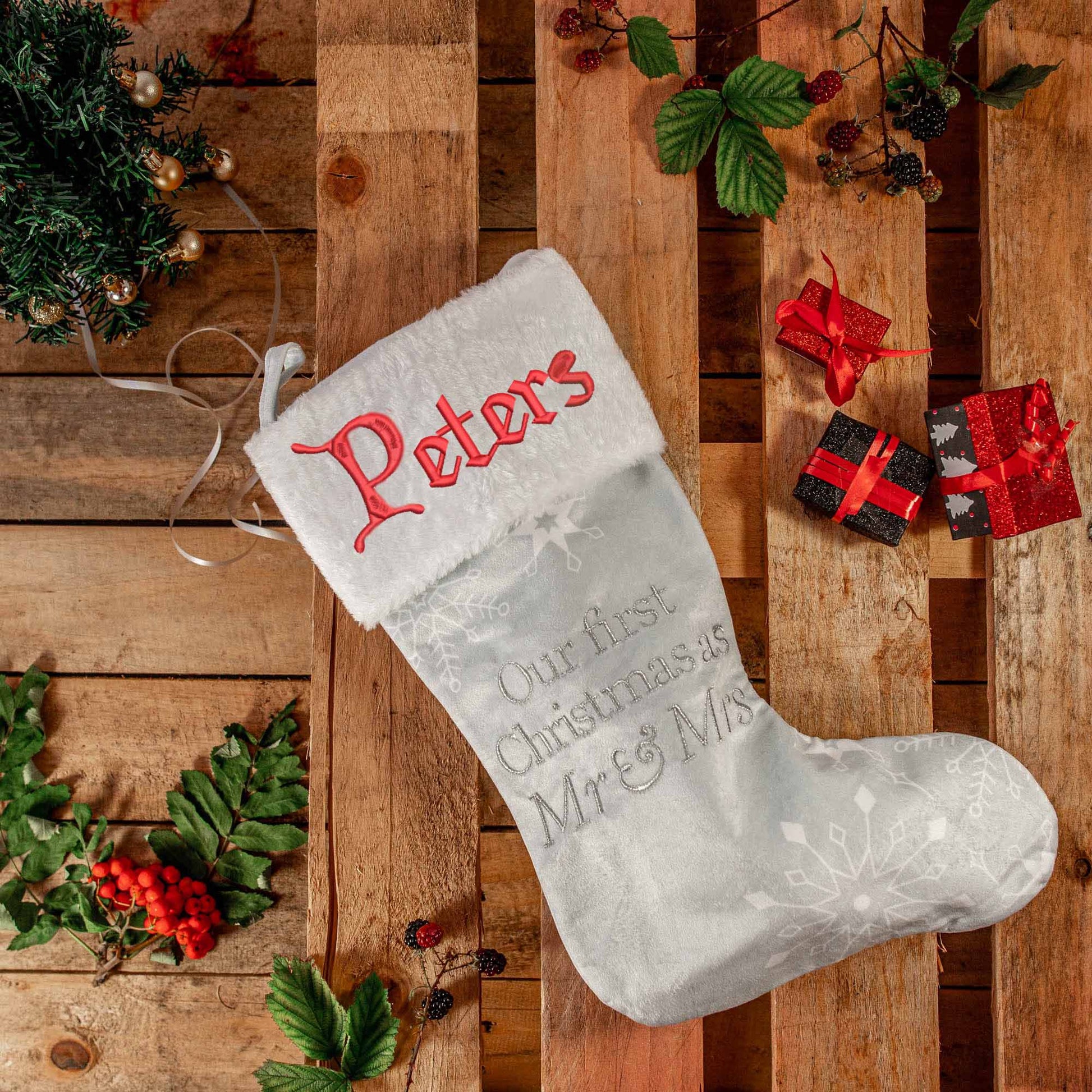 Embroidered Personalised Mr & Mrs First Christmas Stocking  - Always Looking Good -   