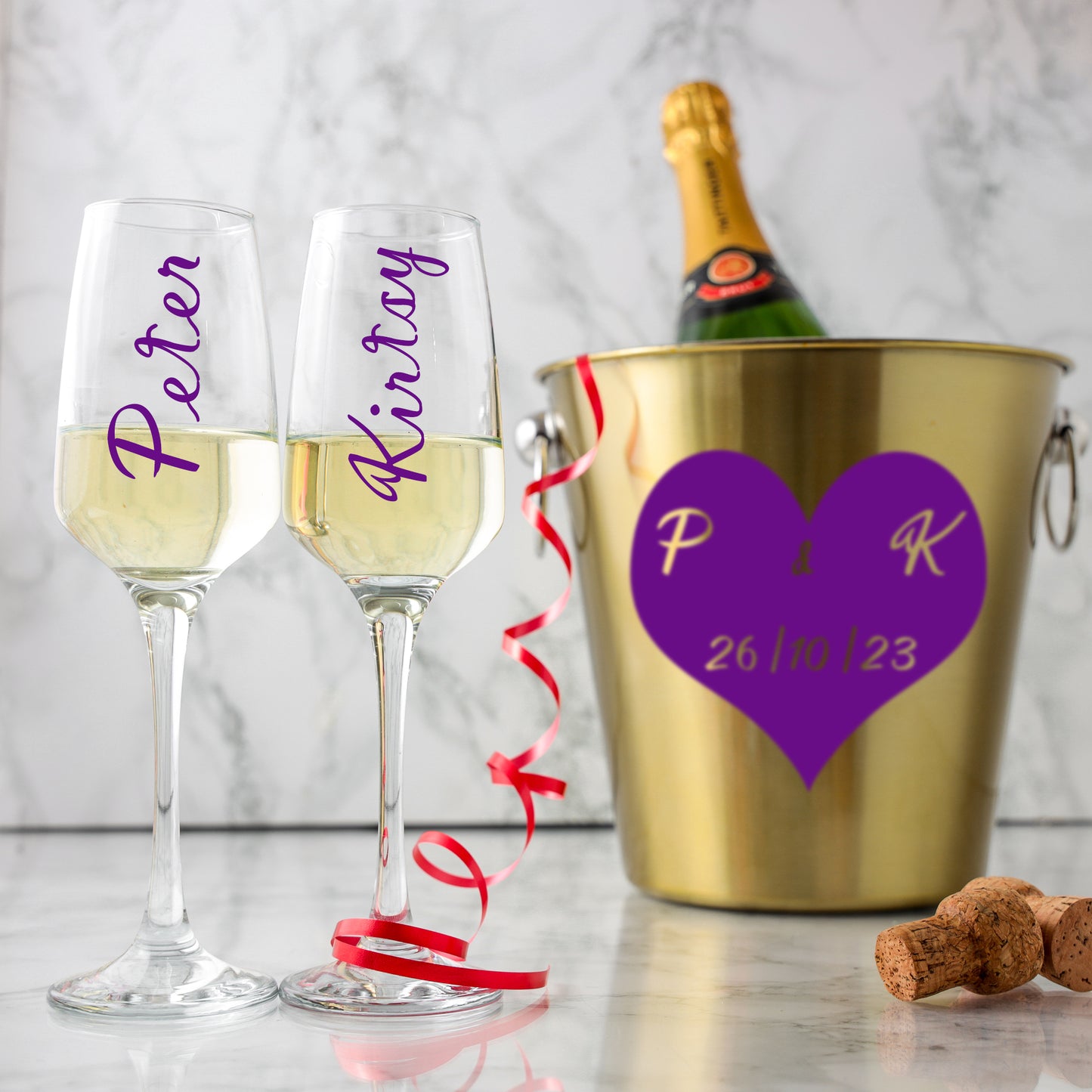 Personalised Heart Design Gold Ice Bucket With Matching Champagne Glasses  - Always Looking Good -   