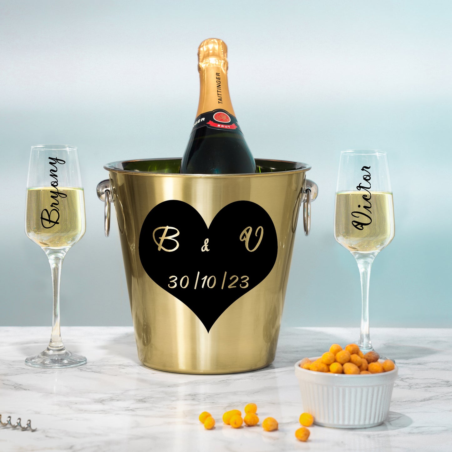 Personalised Heart Design Gold Ice Bucket With Matching Champagne Glasses  - Always Looking Good - Glasses and Ice Bucket  