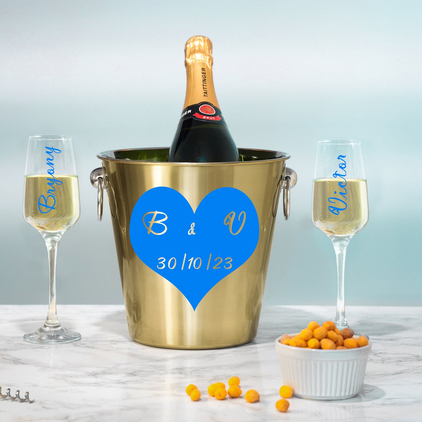 Personalised Heart Design Gold Ice Bucket With Matching Champagne Glasses  - Always Looking Good -   