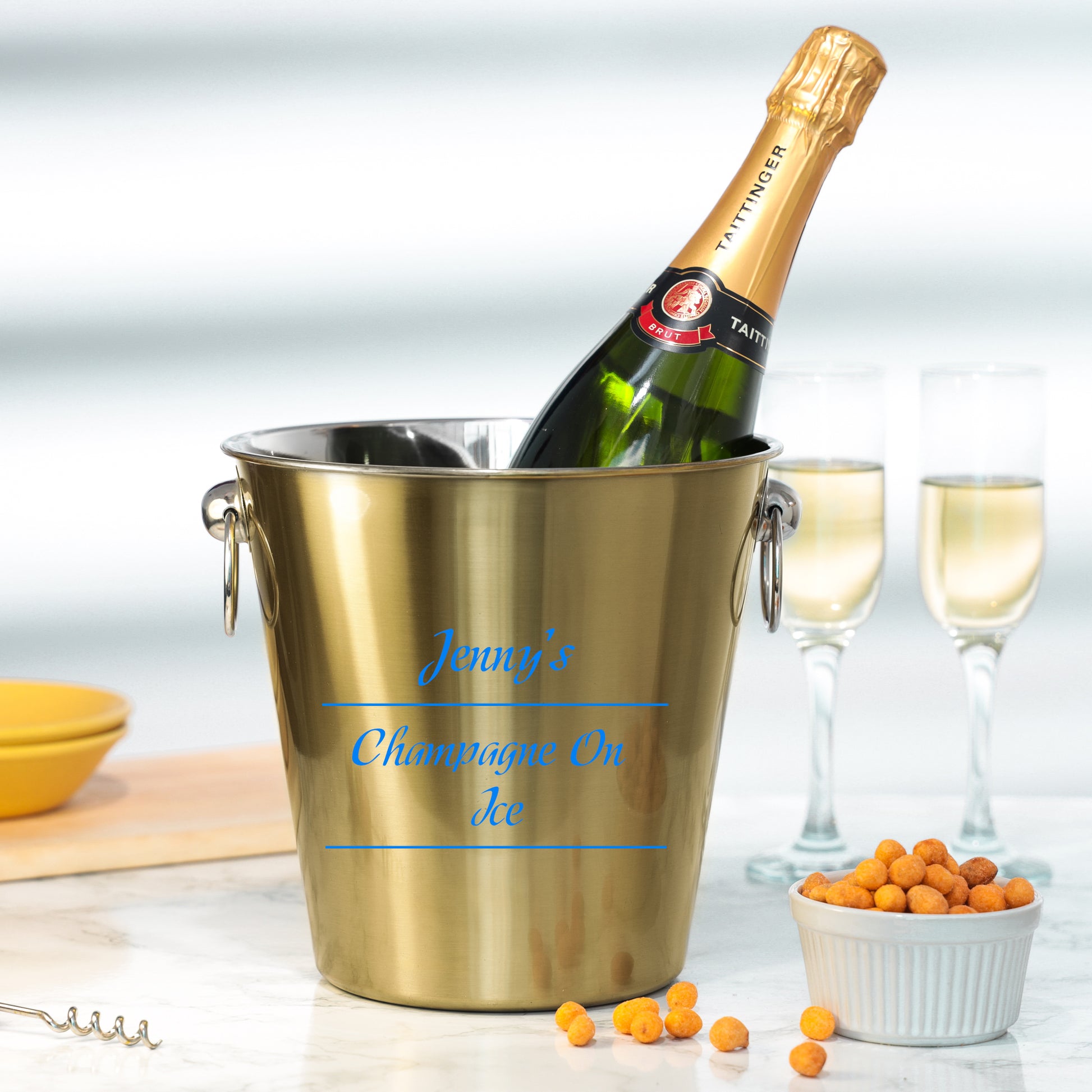 Personalised Drinks on Ice Gold Bucket With matching Champagne or Beer Glasses  - Always Looking Good -   