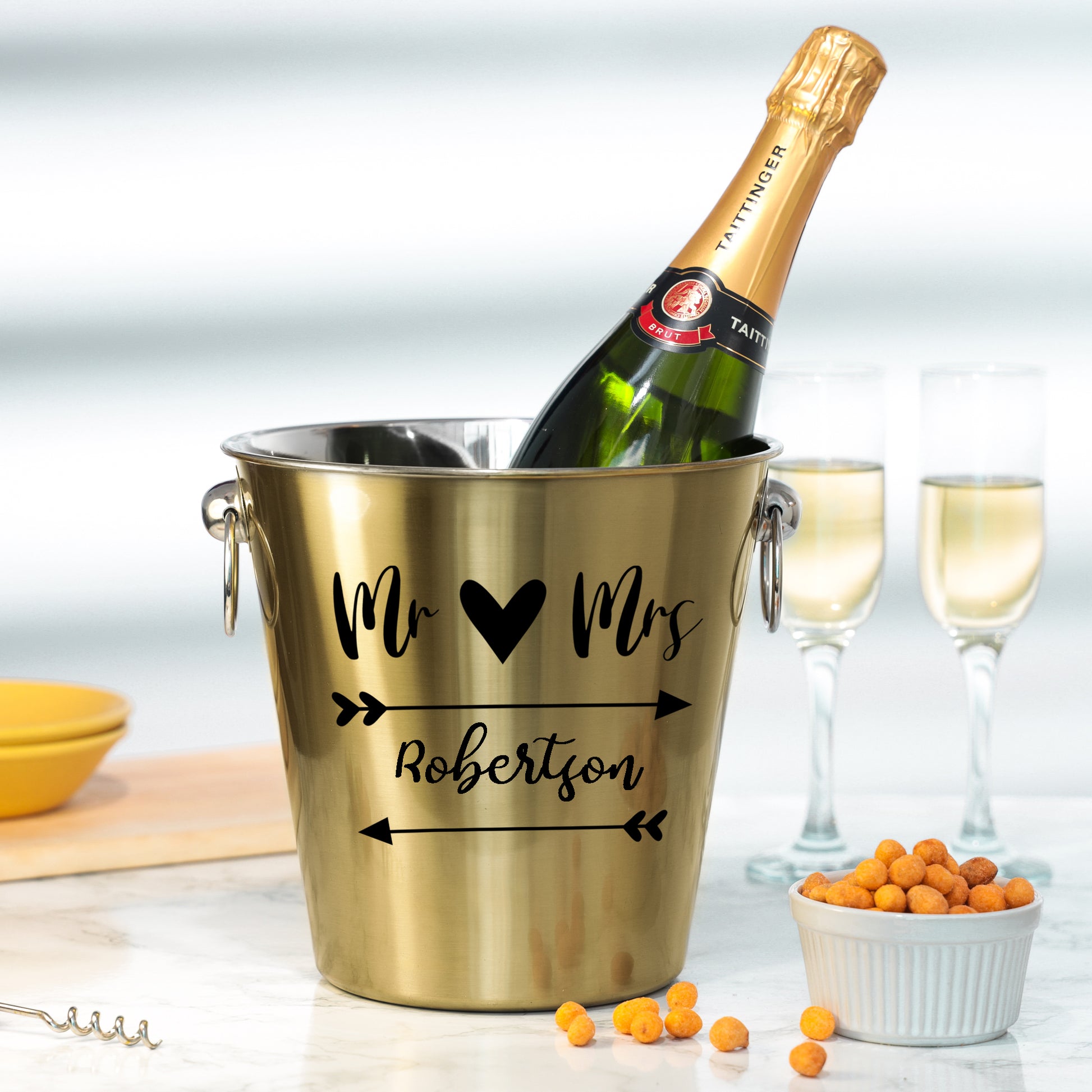 Personalised Wedding Gold Ice Bucket With matching Champagne Glasses  - Always Looking Good -   