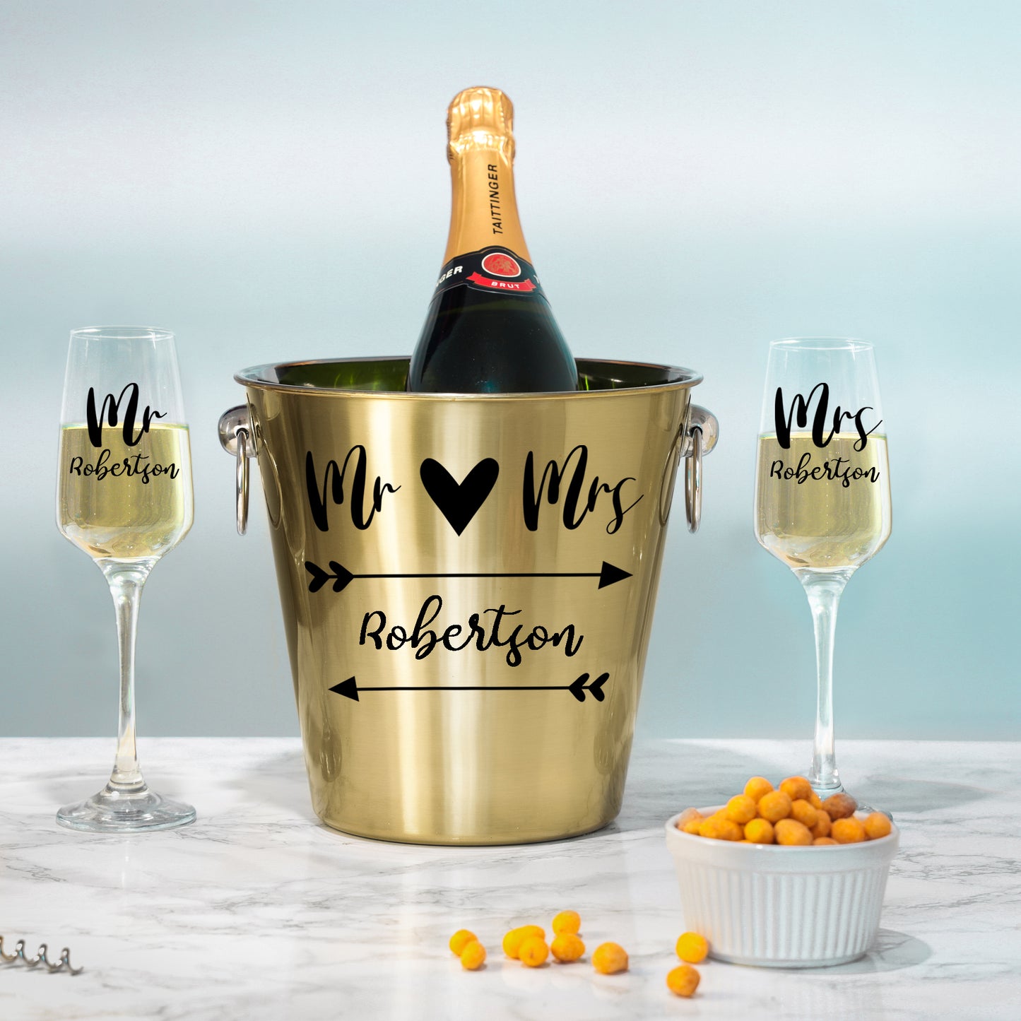 Personalised Wedding Gold Ice Bucket With matching Champagne Glasses  - Always Looking Good -   