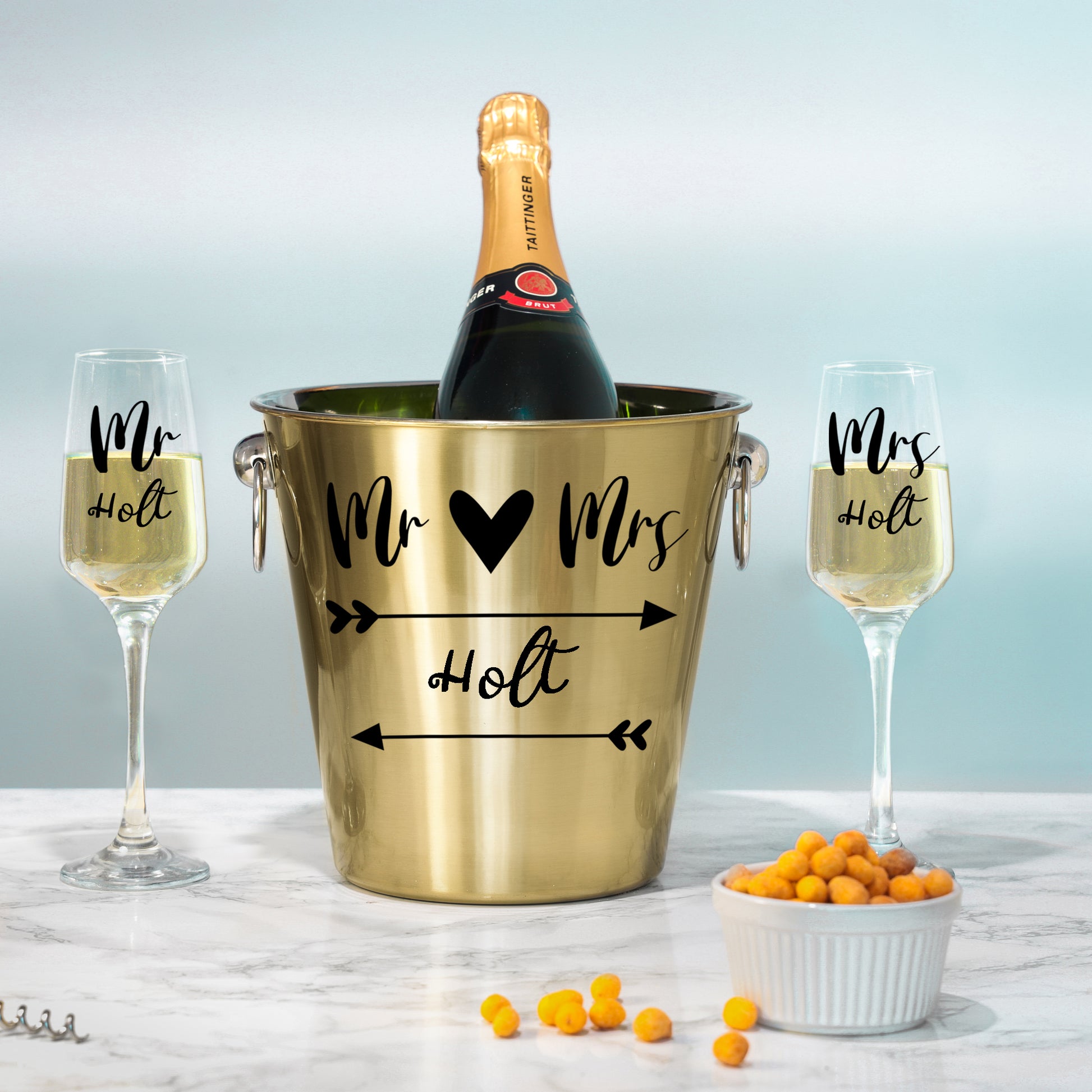 Personalised Wedding Gold Ice Bucket With matching Champagne Glasses  - Always Looking Good - Ice Bucket With Matching Glasses  