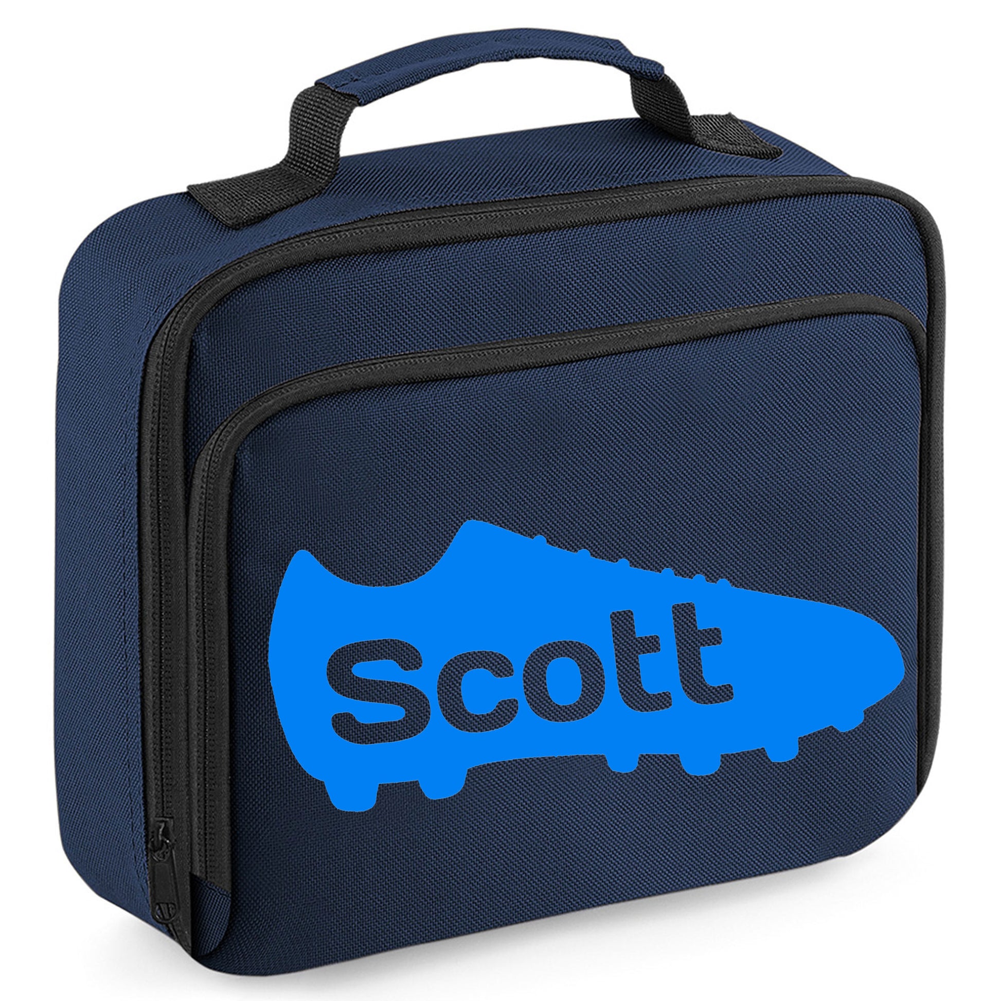 Personalised Lunch Bag with Football Design Childs School Lunch Box  - Always Looking Good - Navy Football Boot 