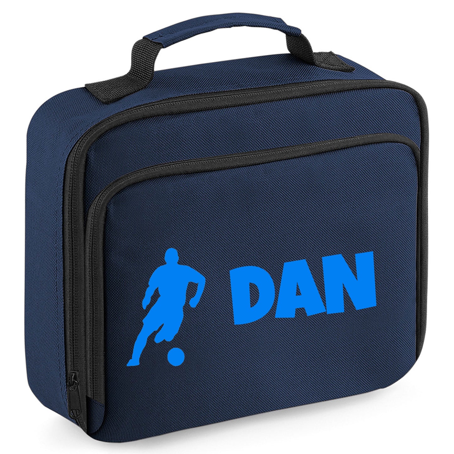 Personalised Lunch Bag with Football Design Childs School Lunch Box  - Always Looking Good - Navy Male Player 