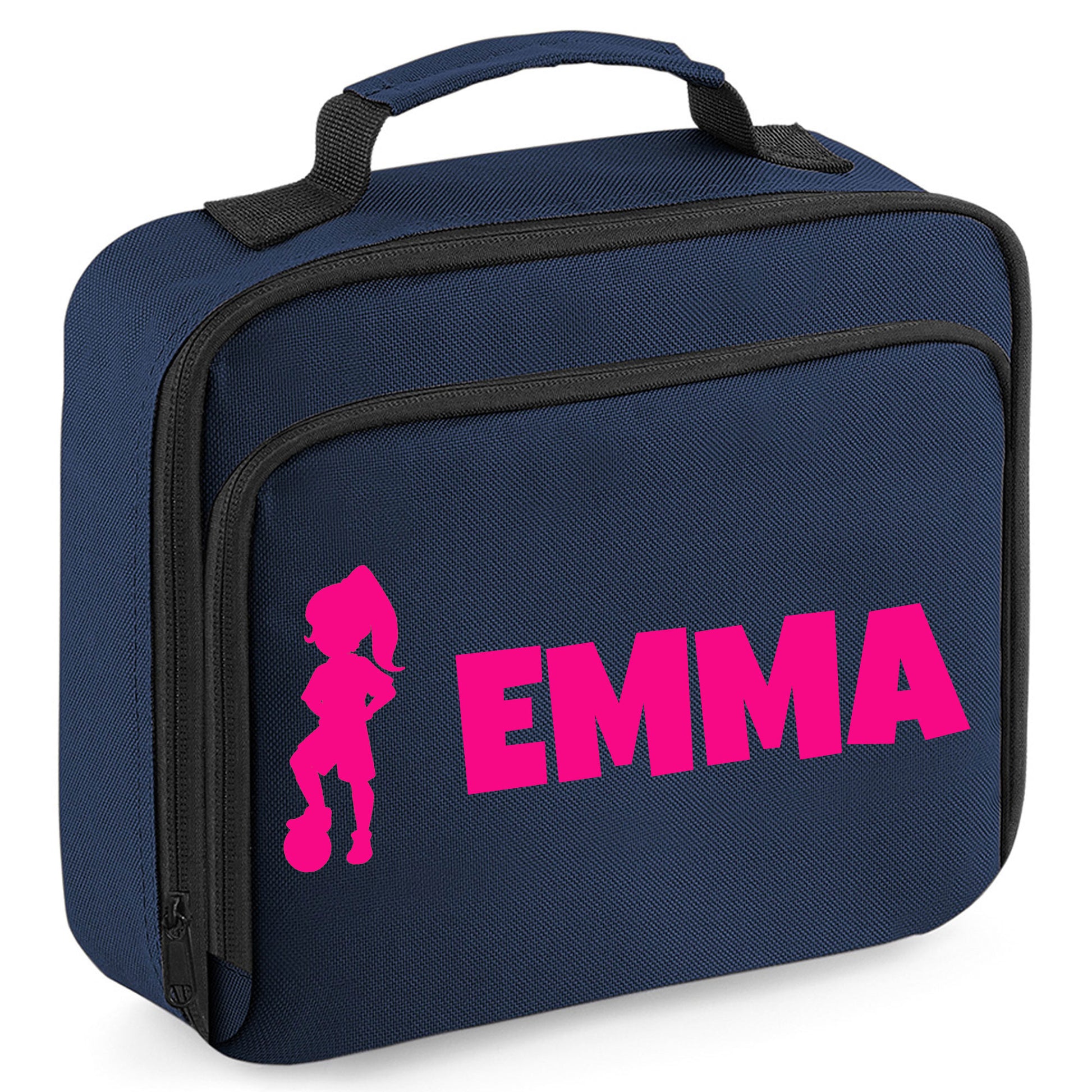 Personalised Lunch Bag with Football Design Childs School Lunch Box  - Always Looking Good - Navy Girl with Pony Tail 