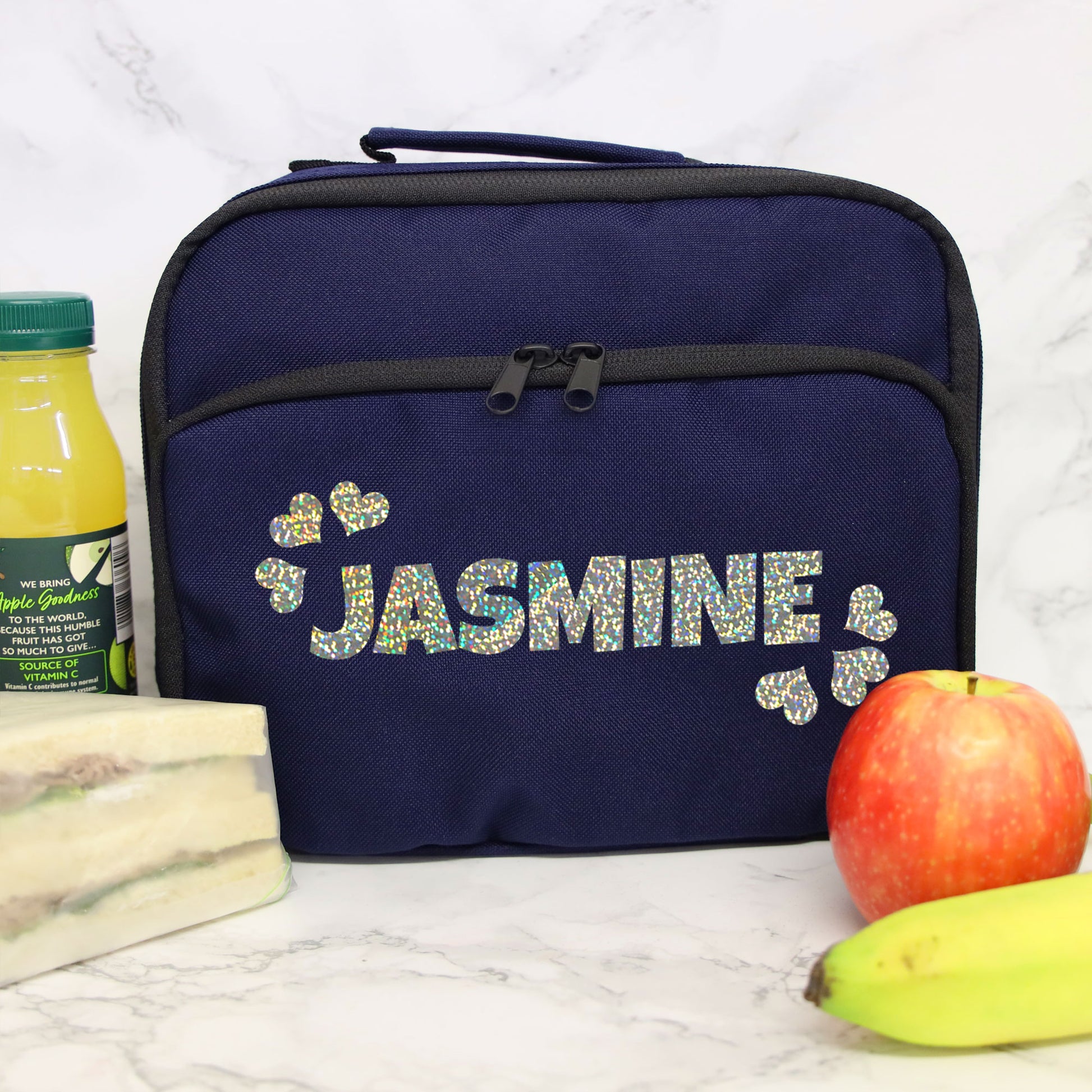 Personalised Lunch Bag with Name & Hearts Childs School Lunch Box  - Always Looking Good - Navy  