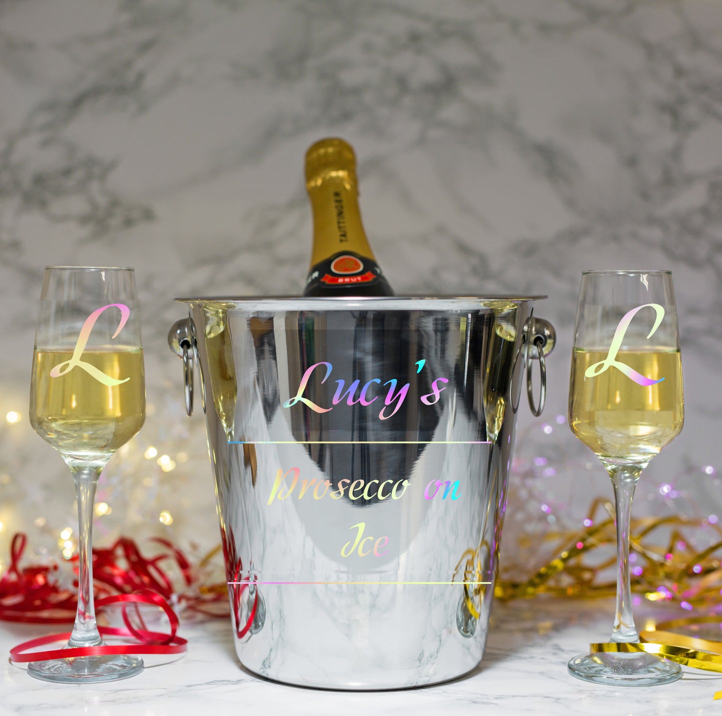 Personalised Drinks on Ice Bucket With matching Champagne or Beer Glasses  - Always Looking Good - Ice Bucket With Champagne Glasses  