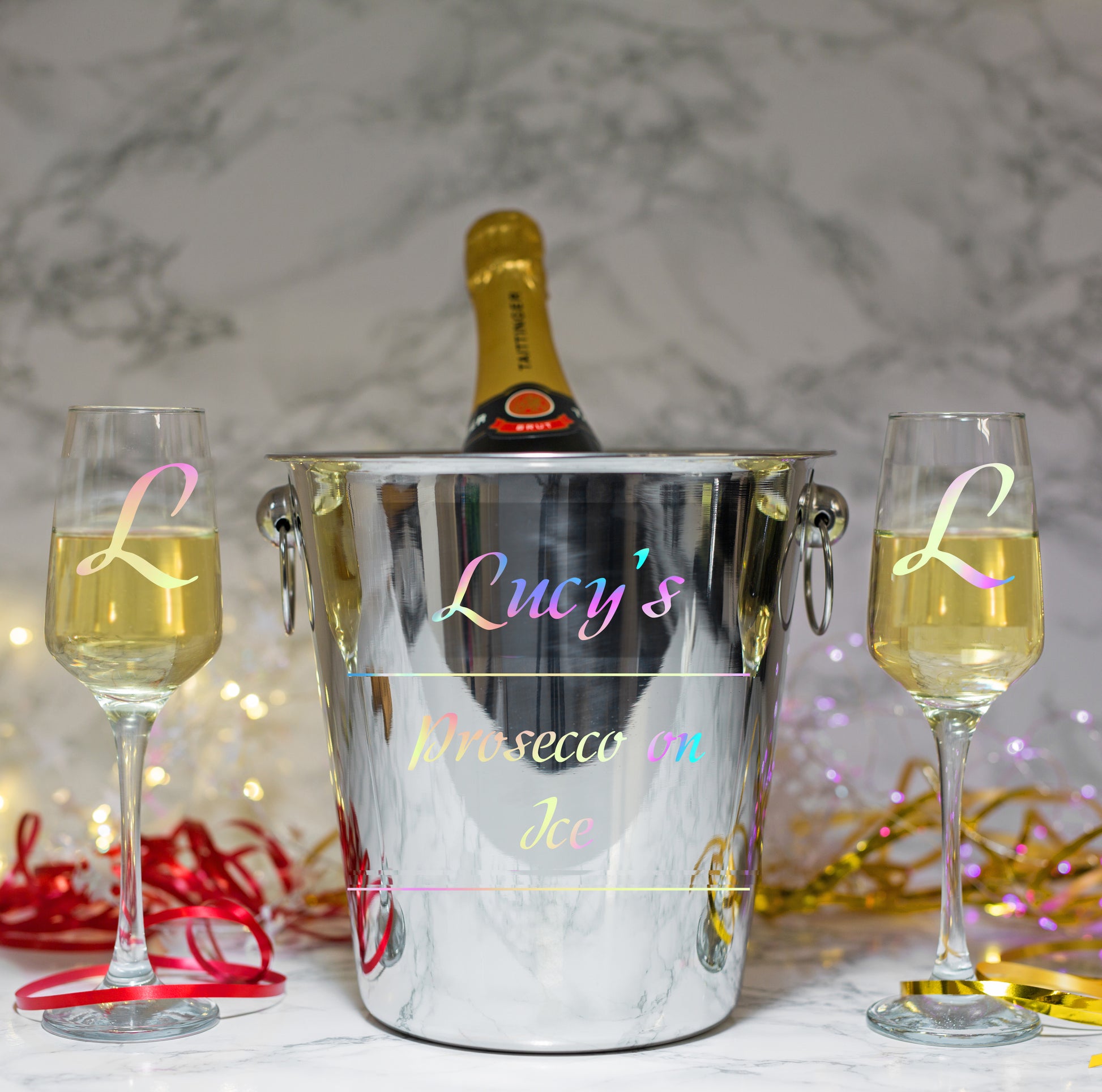 Personalised Drinks on Ice Bucket With matching Champagne or Beer Glasses  - Always Looking Good - Ice Bucket With Champagne Glasses  