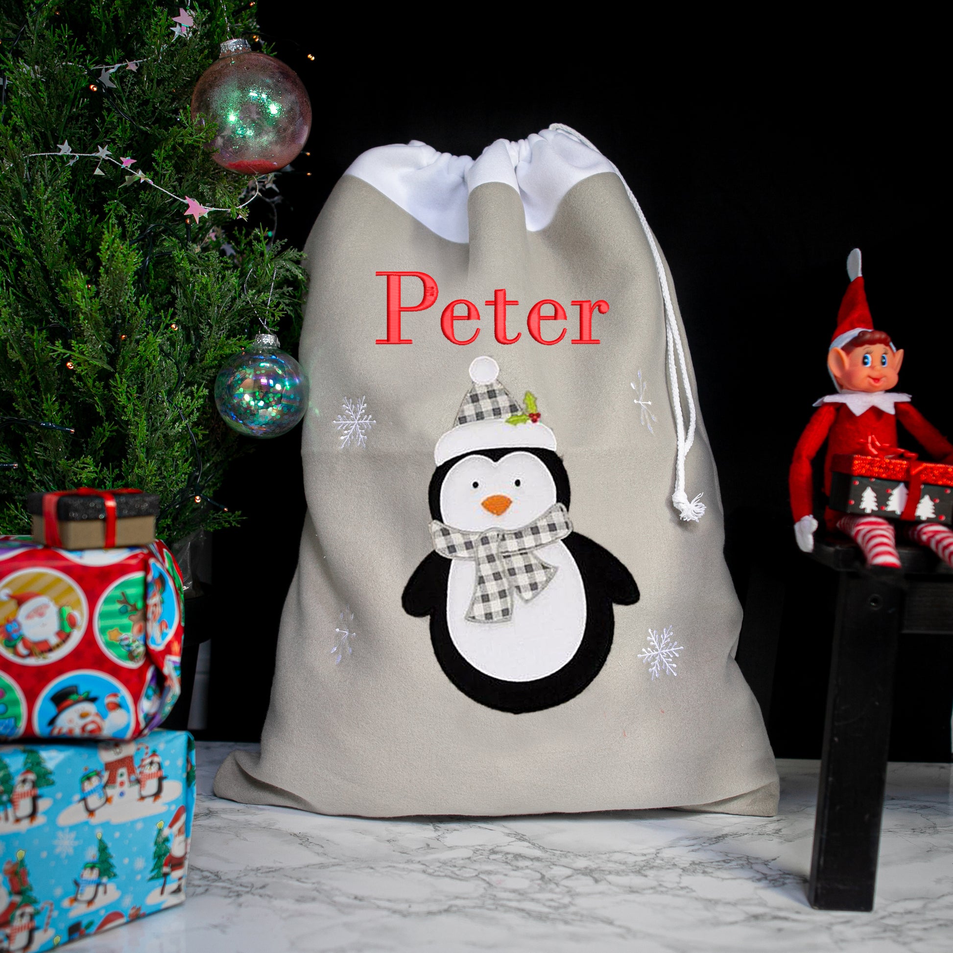 Personalised Embroidered Grey Christmas Large Santa Sack and Stocking Set  - Always Looking Good - Penguin  