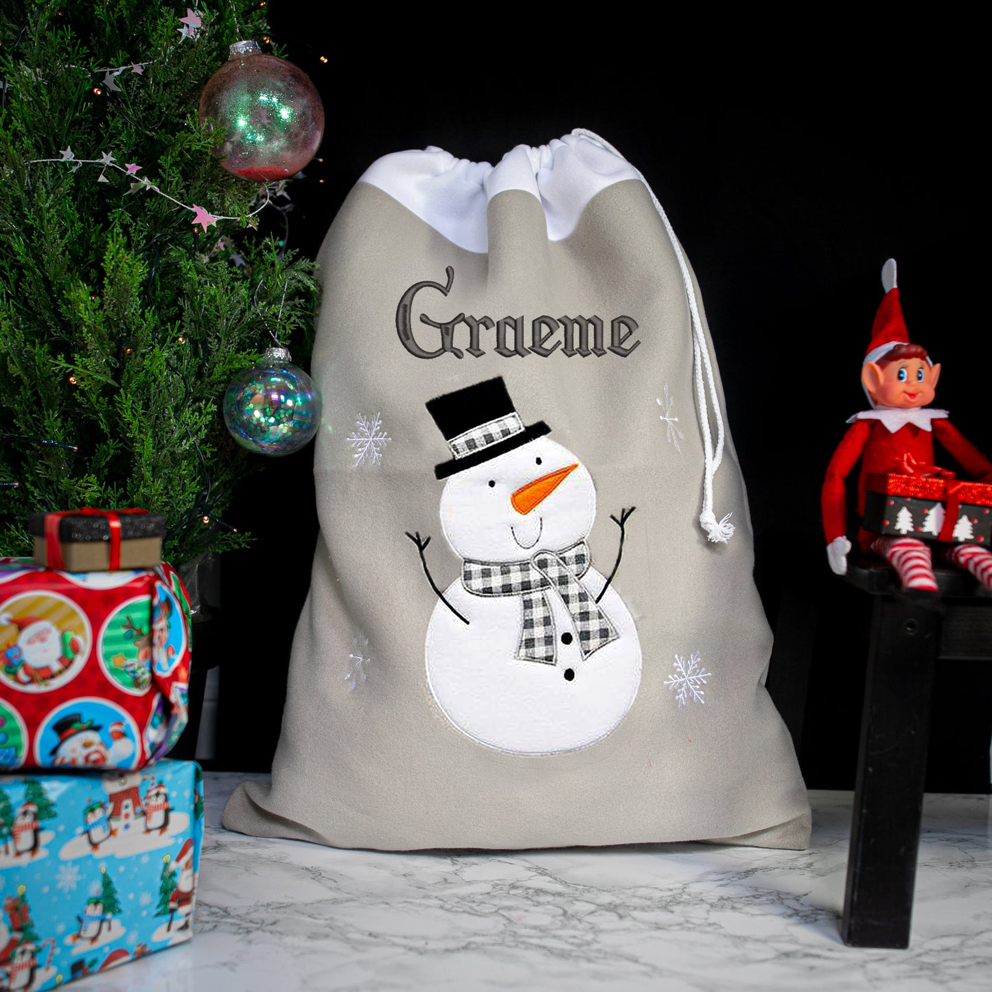 Personalised Embroidered Grey Christmas Large Santa Sack and Stocking Set  - Always Looking Good - Snowman  