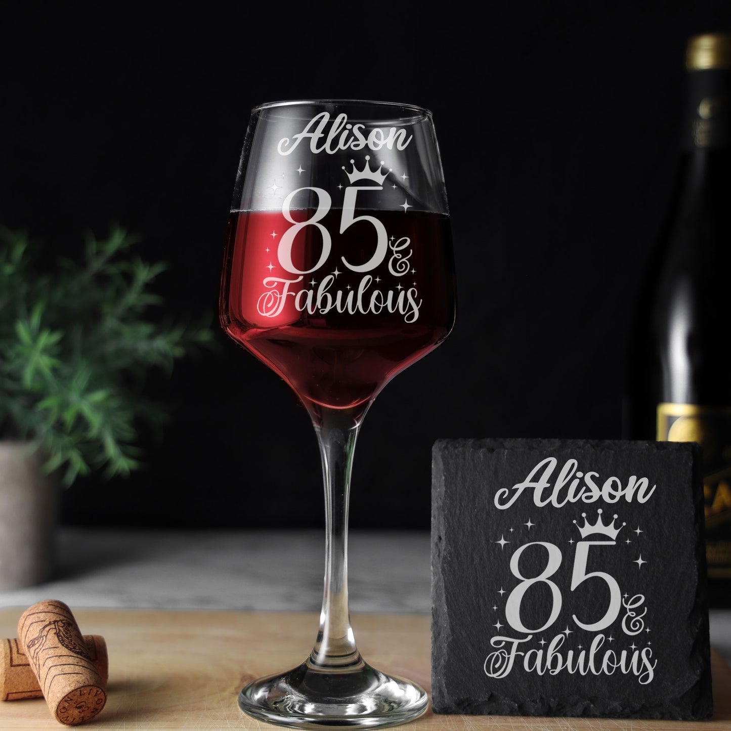 85 & Fabulous 85th Birthday Gift Engraved Wine Glass and/or Coaster Set  - Always Looking Good -   