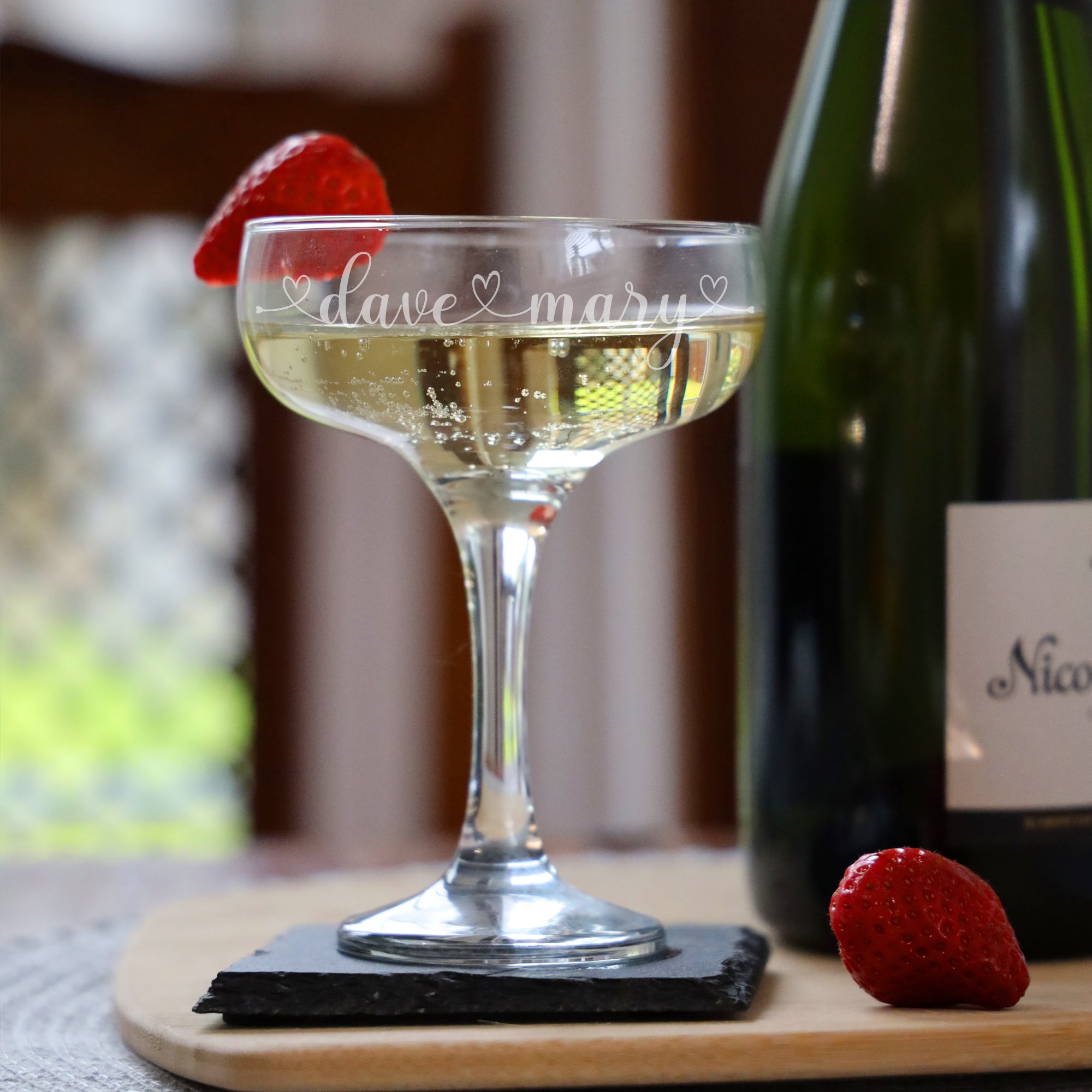 Personalised Engraved Heart and Name Champagne Saucer