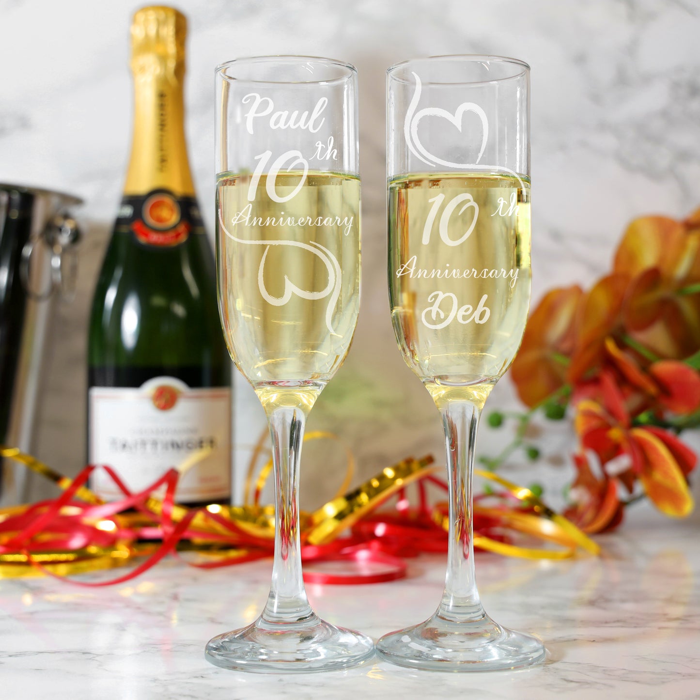 Engraved 10th Tin Wedding Anniversary Personalised Engraved Champagne Glass Gift Set  - Always Looking Good -   